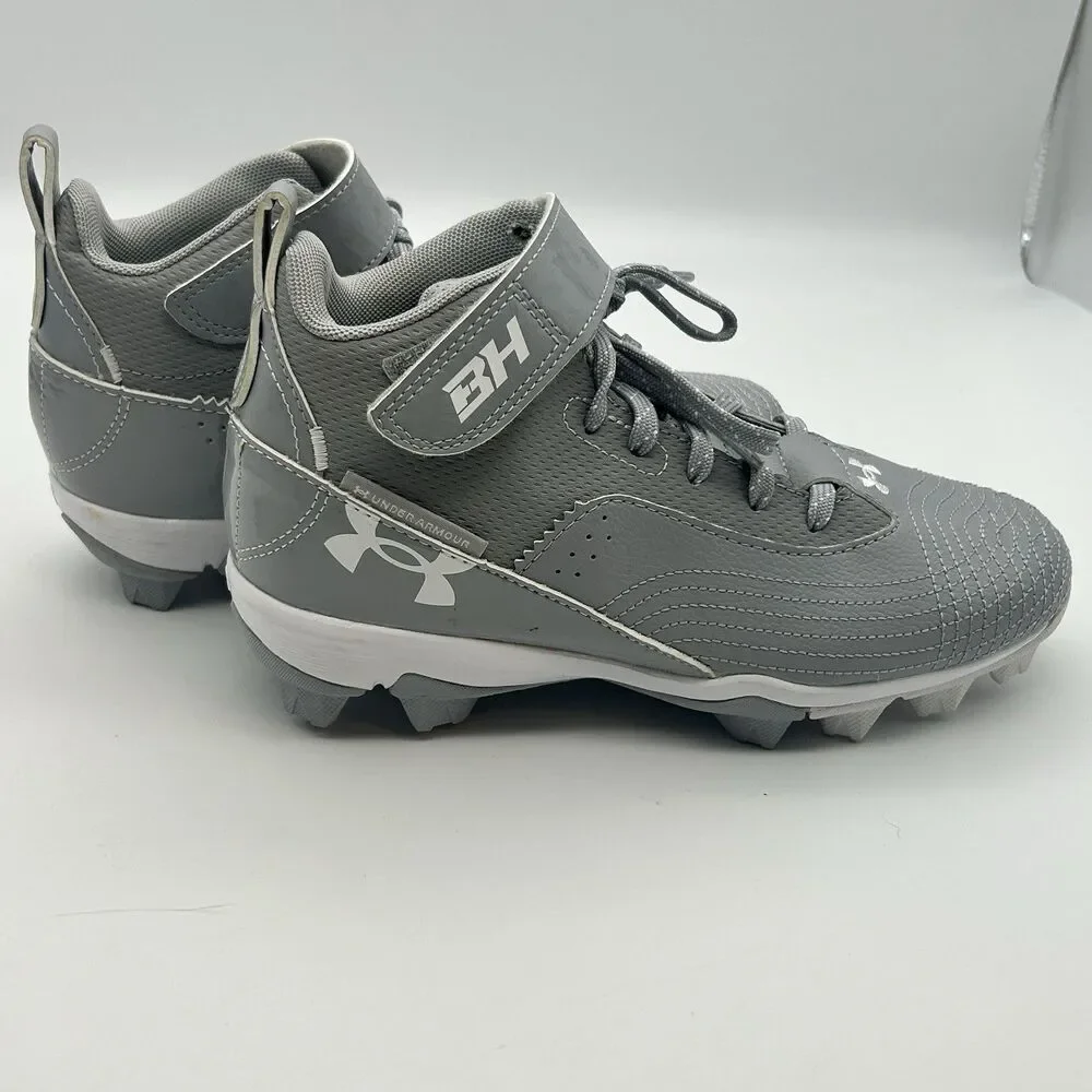 Under Armour Boys Baseball Cleats Gray White Mid Top Size 3.5Y Hook Loop